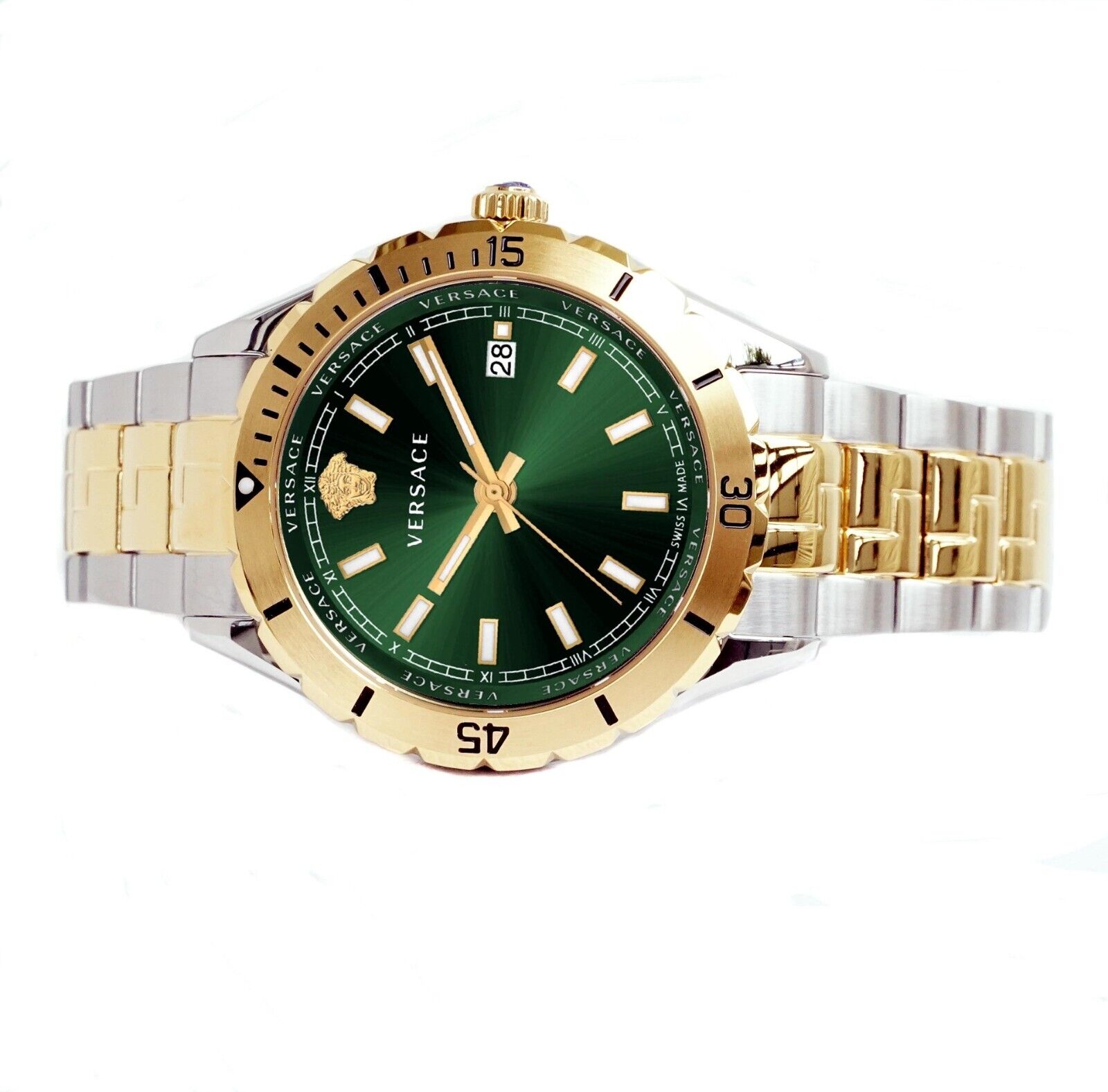  Shop Authentic Versace Hellenyium Quartz Green Dial Two Tone Steel Strap Watch For Men - VE3A00720 - Luxxuri