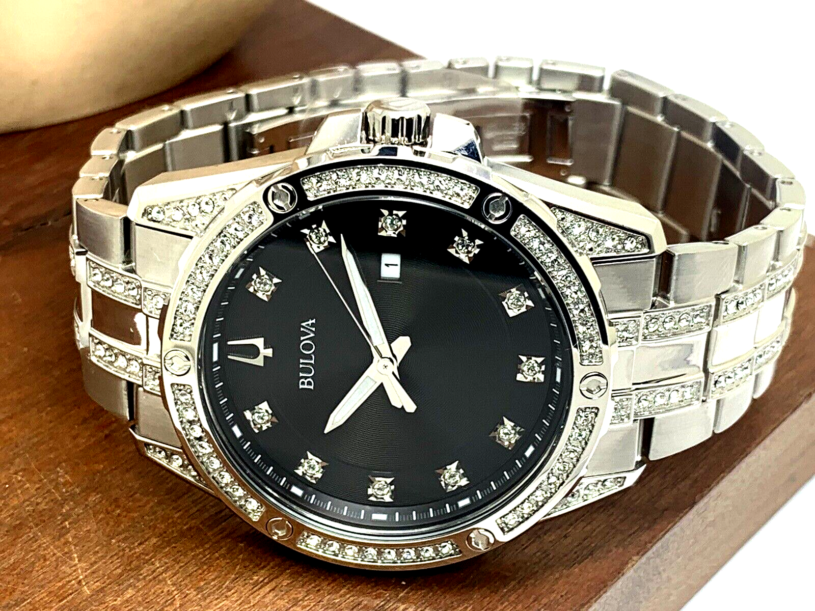  Shop Authentic Bulova Crystal Collection Black Dial Silver Steel Strap Watch for Men - 96K104 - Luxxuri