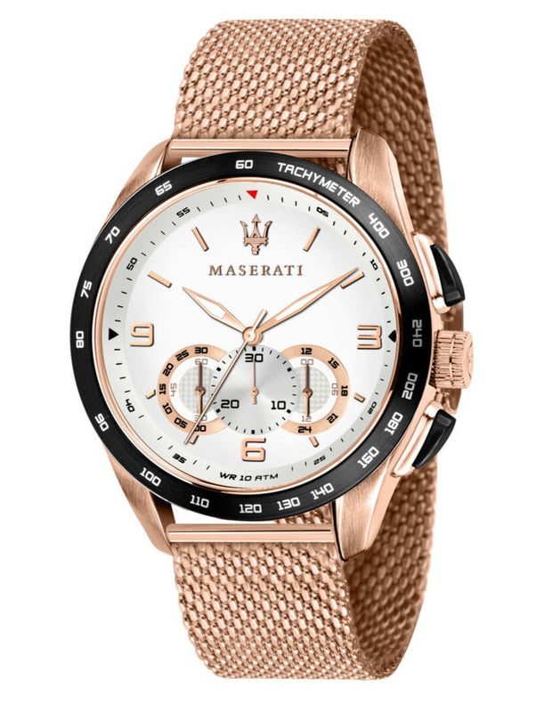  Shop Authentic Maserati Traguardo 45mm Chronograph Rose Gold Mesh Strap White Dial Watch For Men - R8873612011 - Luxxuri