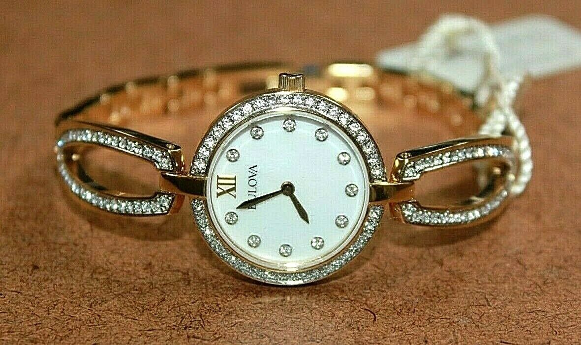  Shop Authentic Bulova Crystal Collection Mother of Pearl Dial Gold Steel Strap Watch for Women - 98L225 - Luxxuri