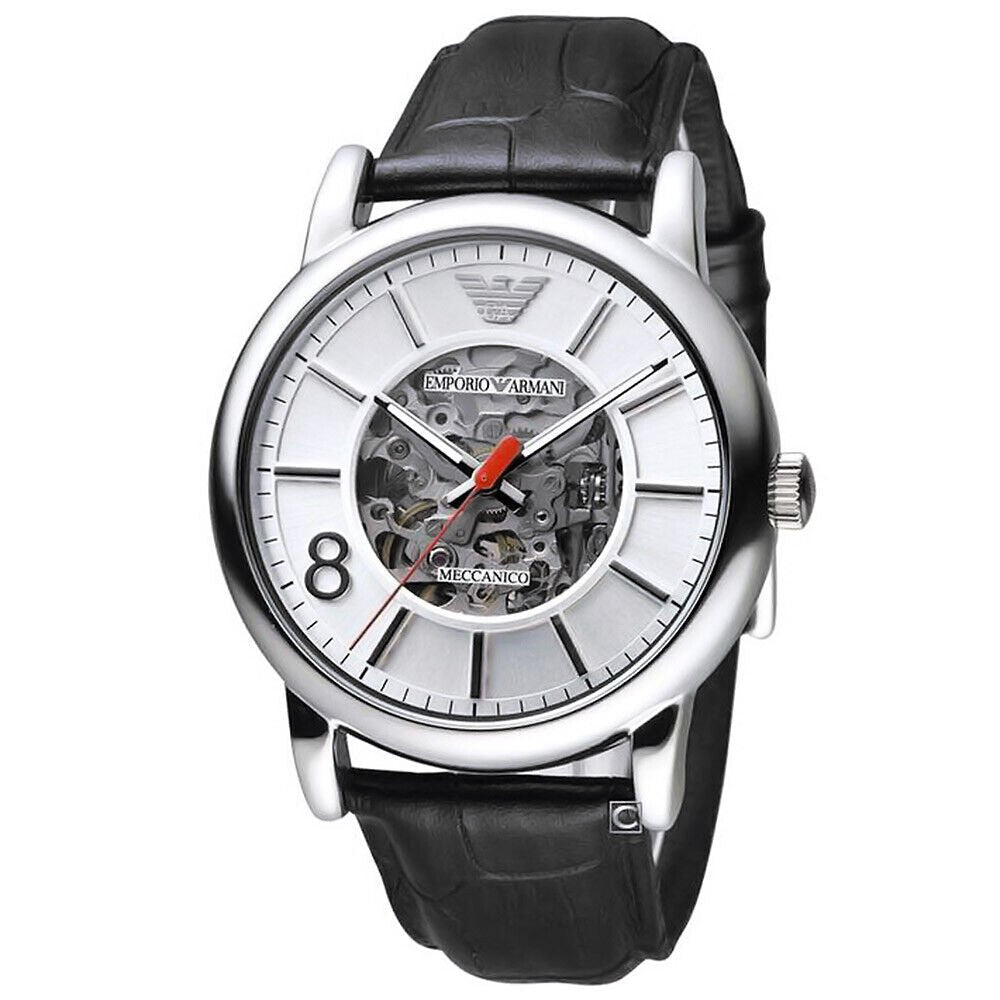  Shop Authentic Emporio Armani Meccanico Silver Skeleton Dial Black Leather Watch For Men - AR1997 - Luxxuri