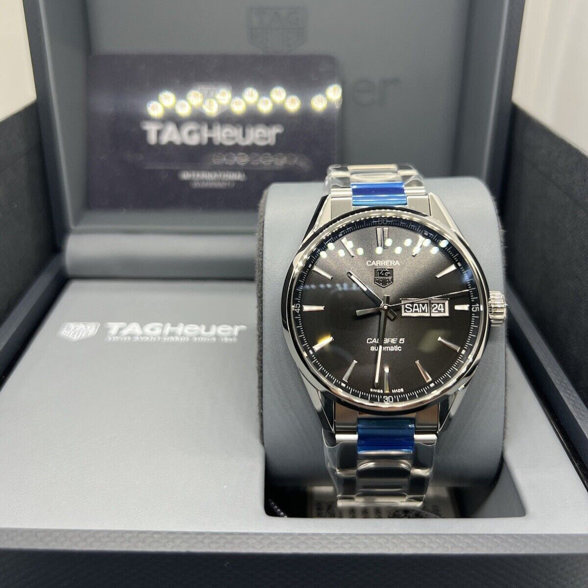 Tag Heuer Carrera Calibre 5 Automatic Black Dial Silver Steel Strap Watch for Men - WAR201A.BA0723