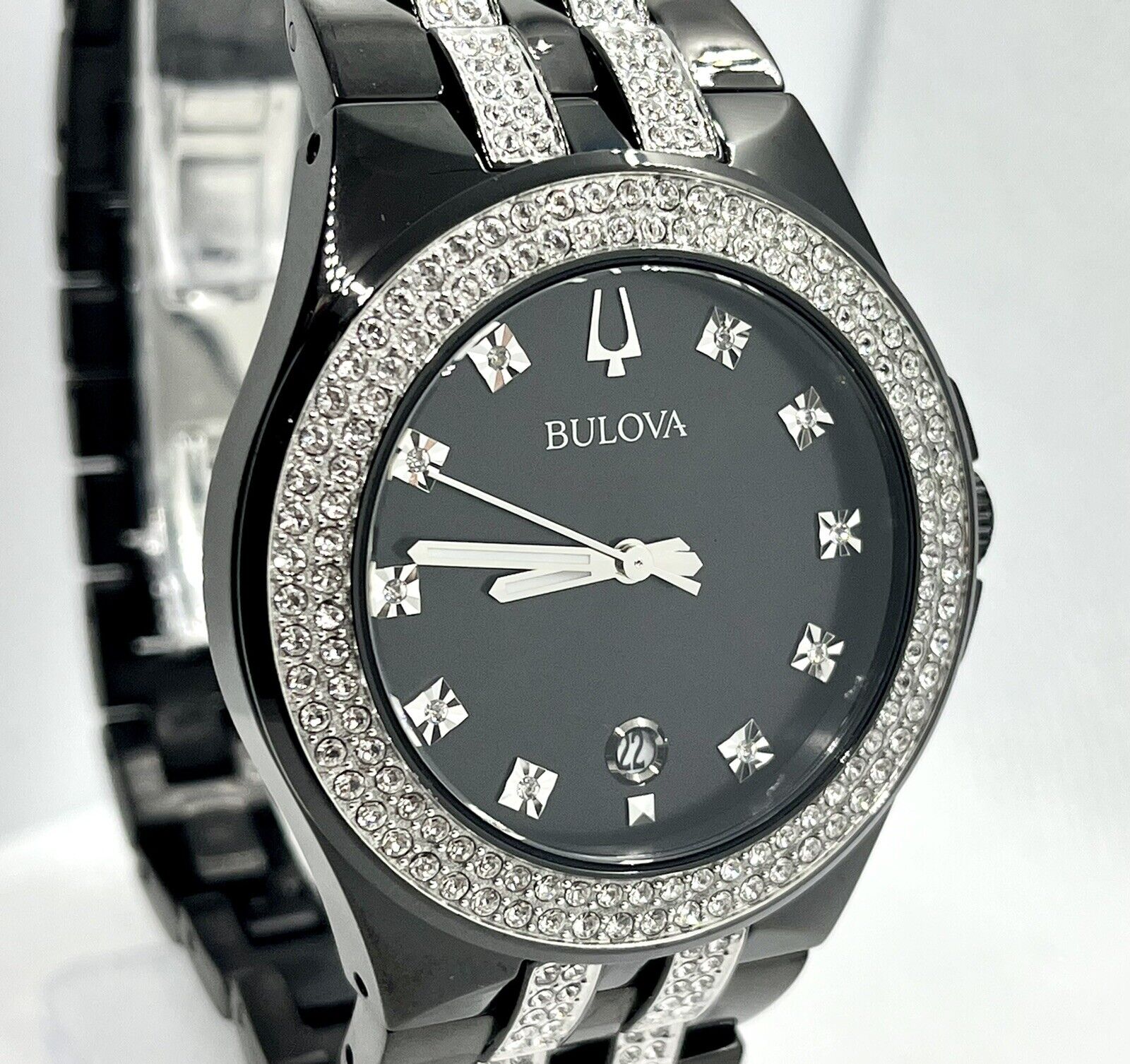  Shop Authentic Bulova Crystal Collection Black Dial Two Tone Steel Strap Watch for Men - 98K101 - Luxxuri