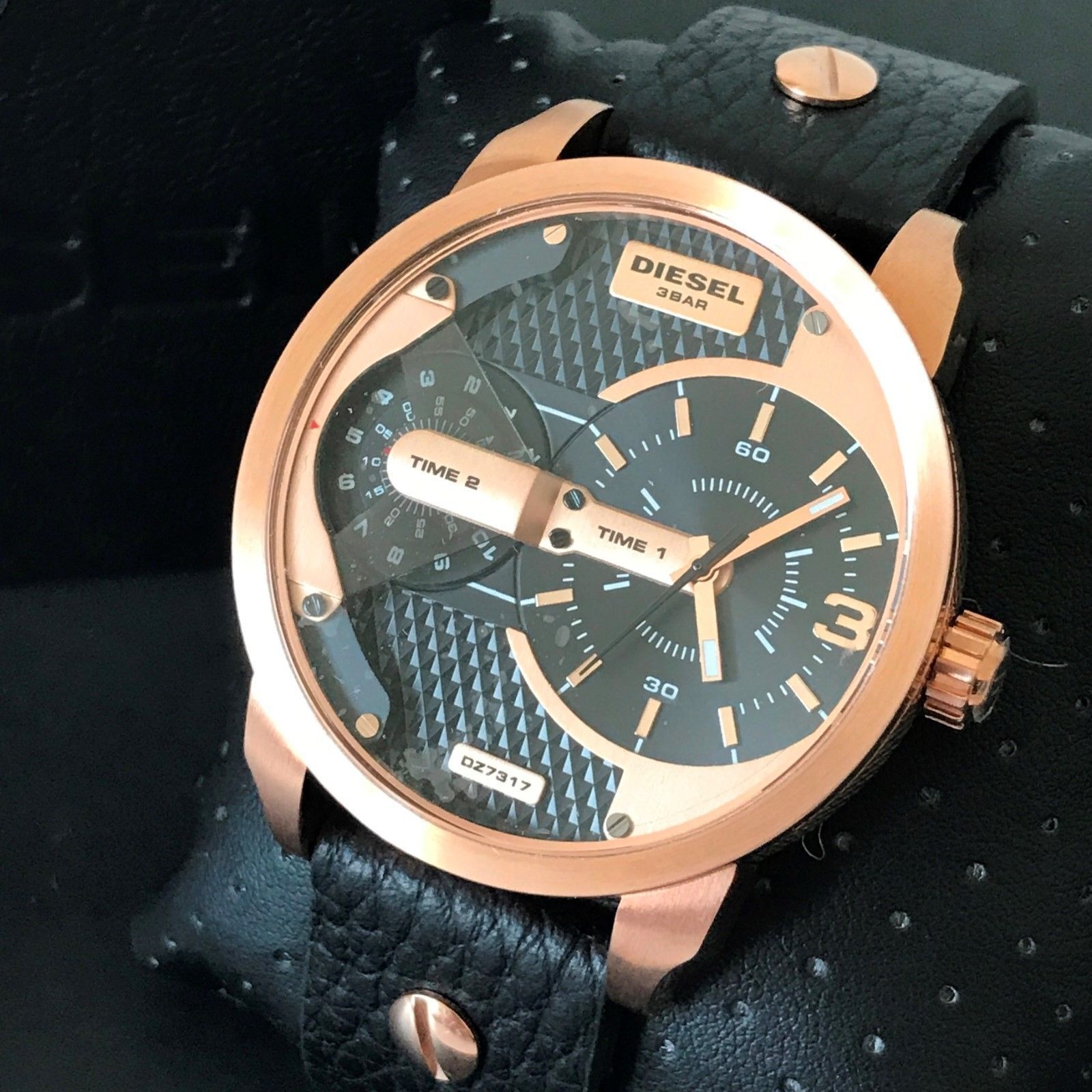  Shop Authentic Diesel Mini Daddy Dual Time Black & Gold Dial Black Leather Strap Watch For Men - DZ7317 - Luxxuri