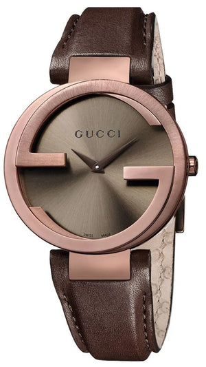  Shop Authentic Gucci Interlocking Brown Dial Brown Leather Strap Watch For Women - YA133309 - Luxxuri