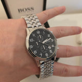  Shop Authentic Hugo Boss Aeroliner Chronograph Black Dial Silver Steel Strap Watch For Men - 1512446 - Luxxuri