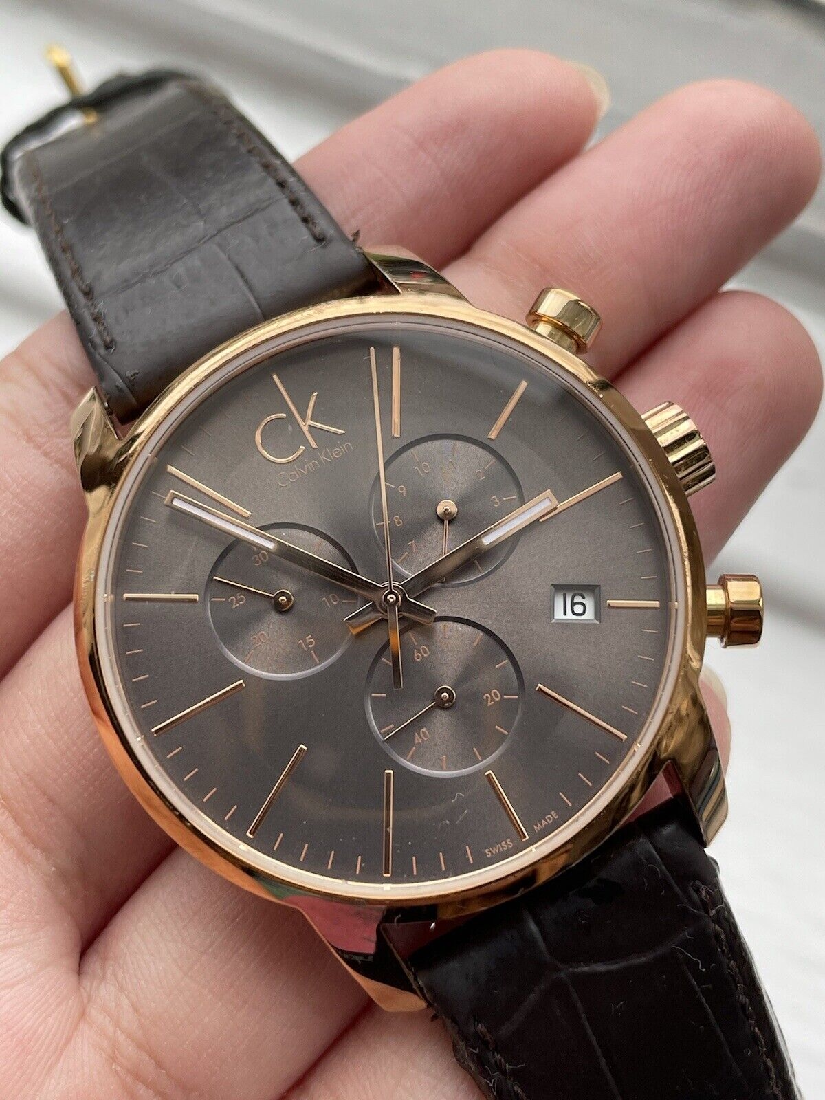  Shop Authentic Calvin Klein City Chronograph Grey Dial Brown Leather Strap Watch for Men - K2G276G3 - Luxxuri