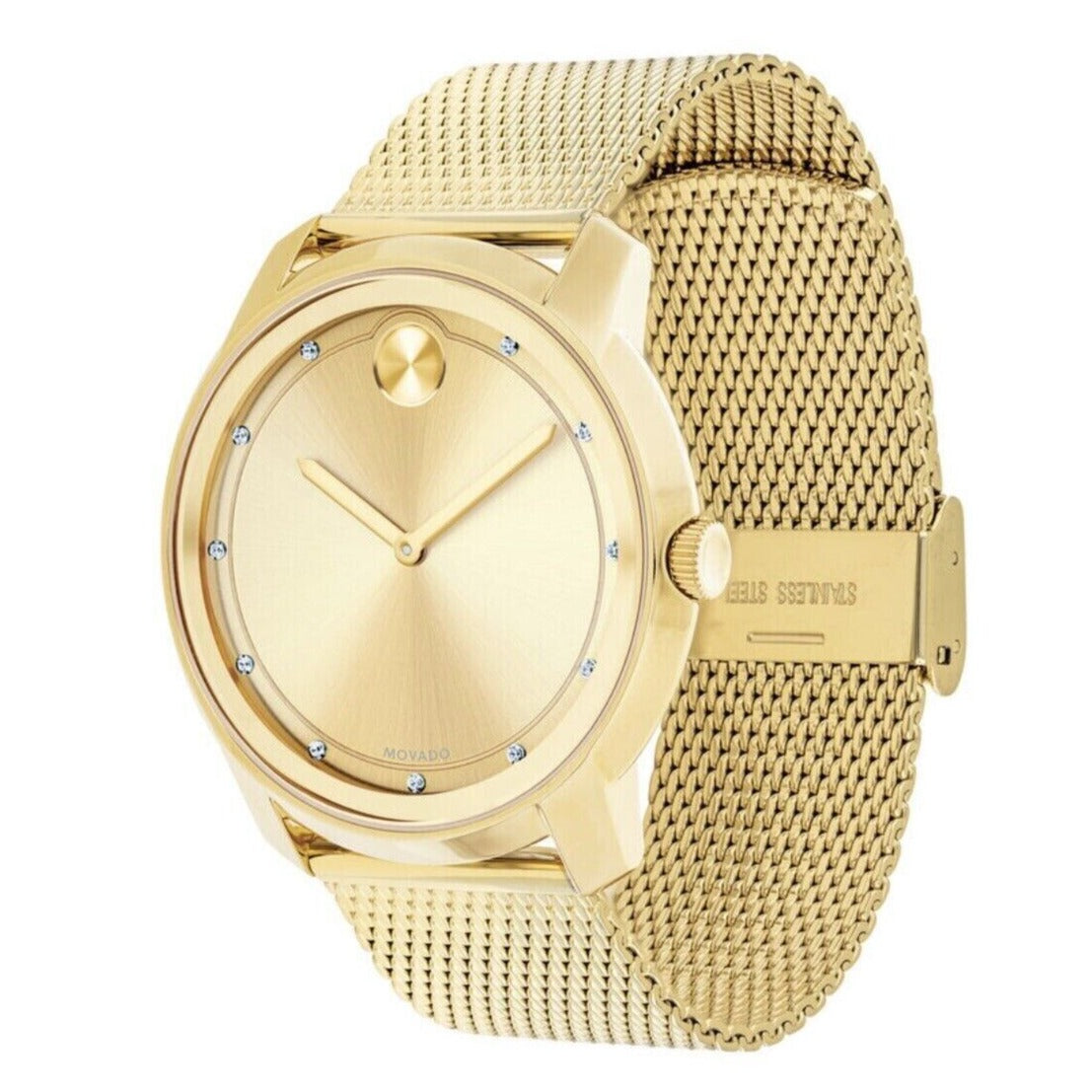  Shop Authentic Movado Bold Diamonds Gold Dial Gold Mesh Bracelet Watch For Men - 3600460 - Luxxuri