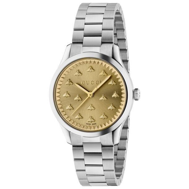  Shop Authentic Gucci G Timeless Quartz Gold Dial Silver Steel Strap Watch for Women - YA1265035 - Luxxuri