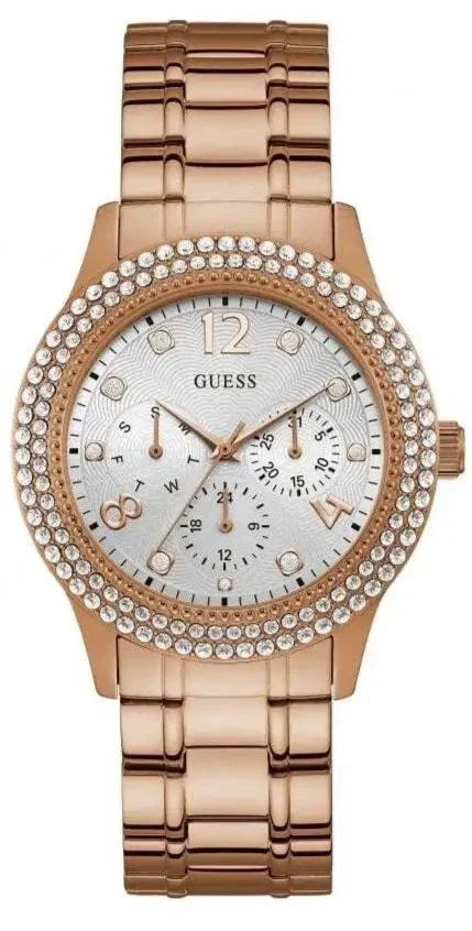  Shop Authentic Guess Bedazzle Diamonds Silver Dial Rose Gold Steel Strap Watch For Women - W1097L3 - Luxxuri