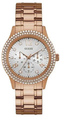  Shop Authentic Guess Bedazzle Diamonds Silver Dial Rose Gold Steel Strap Watch For Women - W1097L3 - Luxxuri