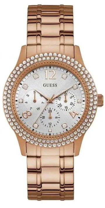  Shop Authentic Guess Bedazzle Diamonds Silver Dial Rose Gold Steel Strap Watch For Women - W1097L3 - Luxxuri