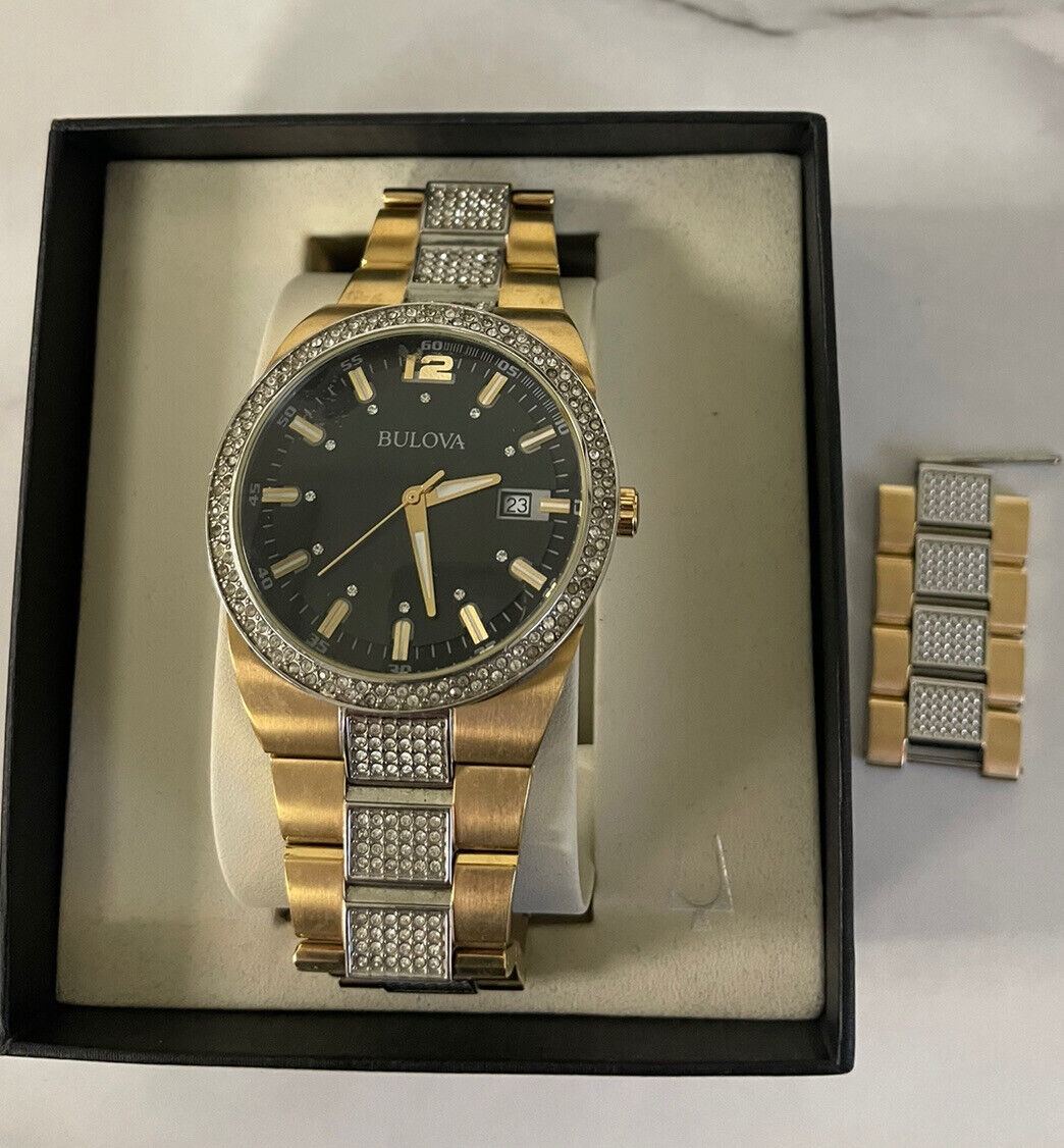  Shop Authentic Bulova Crystal Black Dial Two Tone Steel Strap Watch for Men - 98B235 - Luxxuri