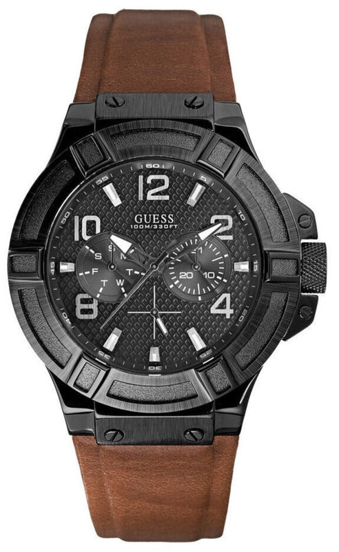  Shop Authentic Guess Rigor Analog Black Dial Brown Leather Strap Watch For Men - W0040G8 - Luxxuri