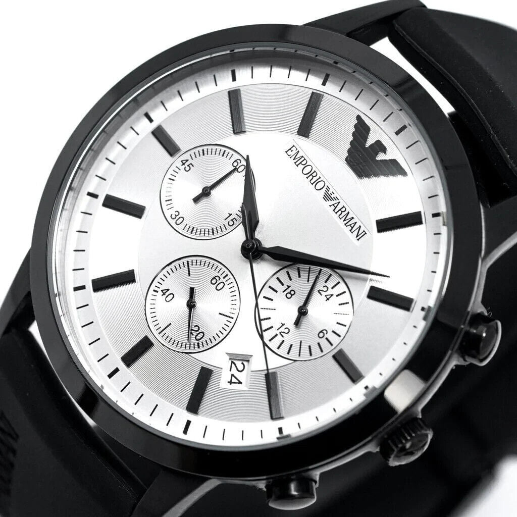  Shop Authentic Emporio Armani Chronograph Quartz Silver Dial Black Rubber Strap Watch For Men - AR11048 - Luxxuri