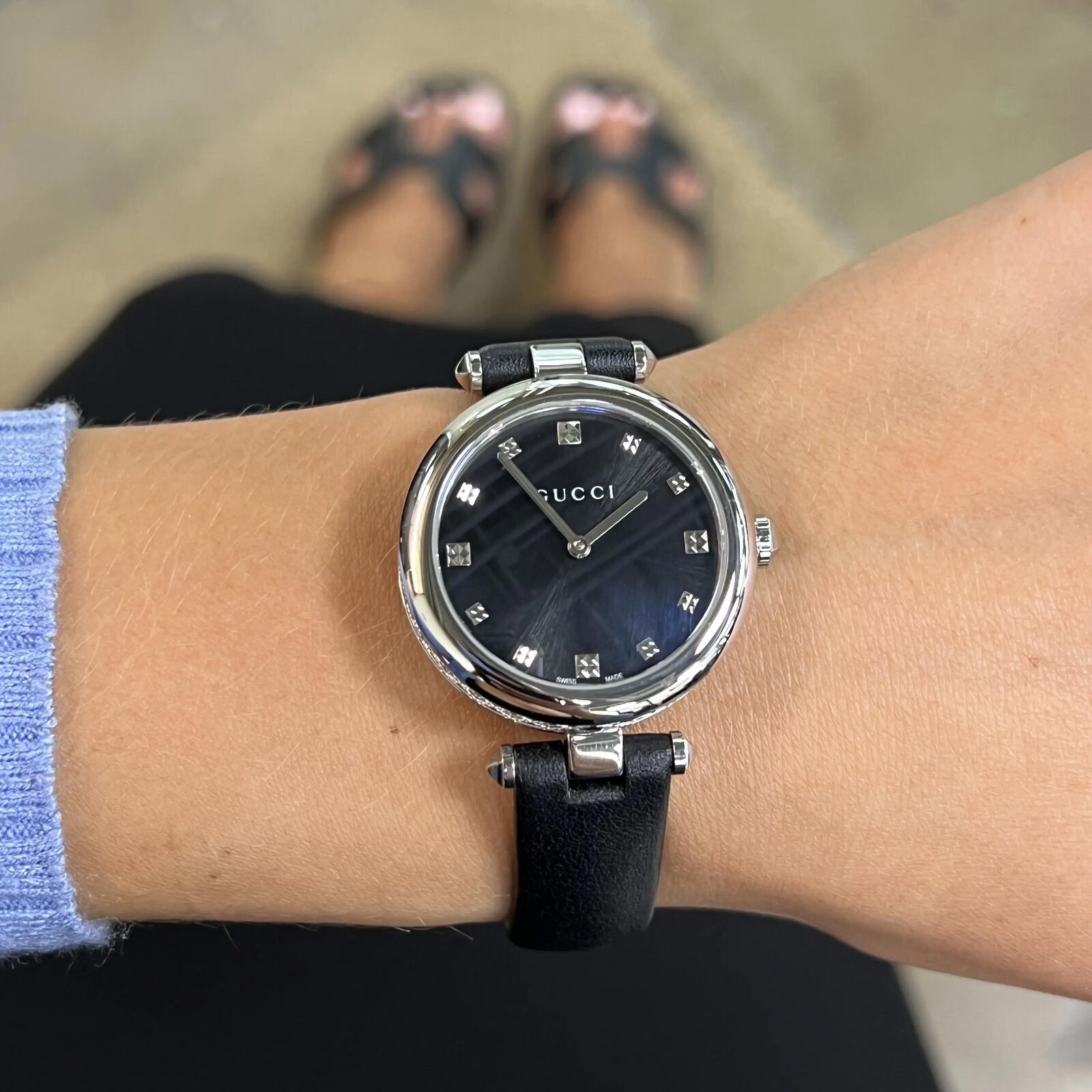  Shop Authentic Gucci Diamantissima Diamonds Black Dial Black Leather Strap Watch For Women - YA141403 - Luxxuri