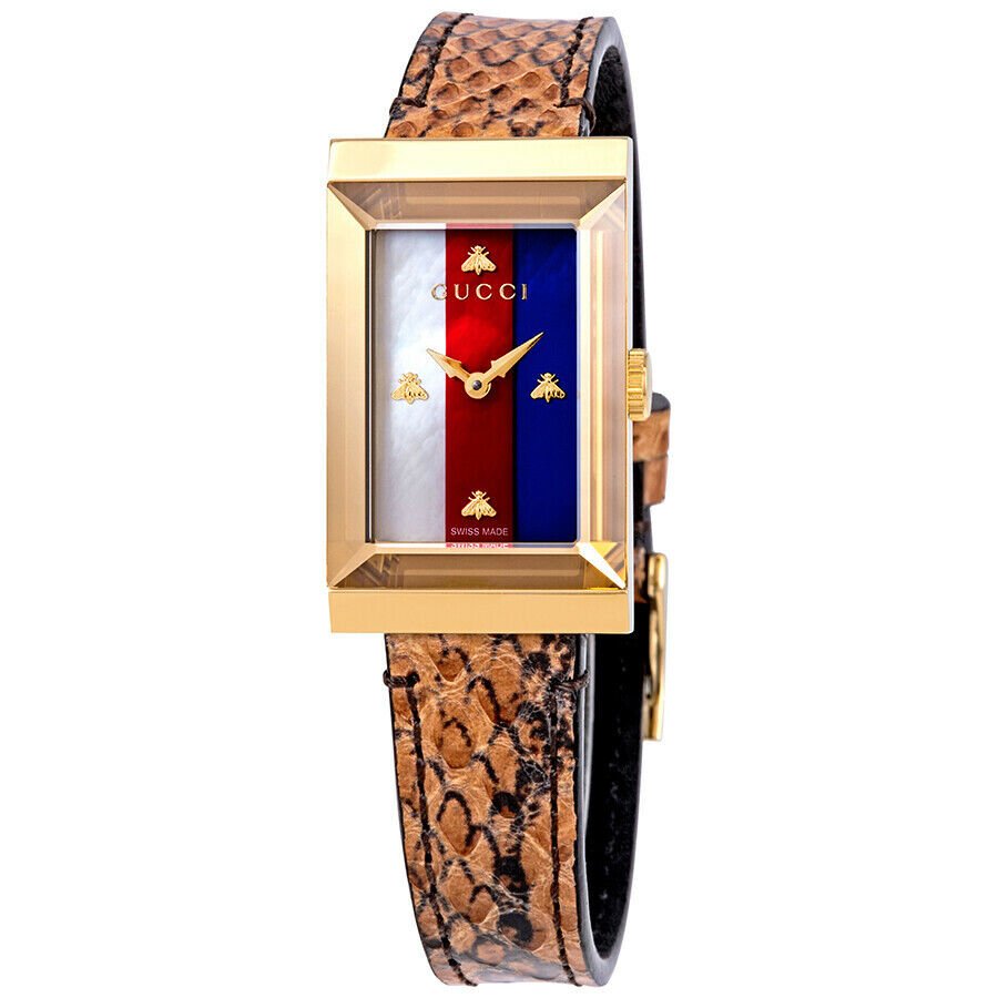  Shop Authentic Gucci G-Frame Mother of Pearl Dial Brown Leather Snakeskin Strap Watch For Women - YA147402 - Luxxuri