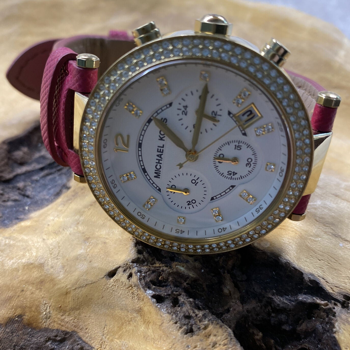 Michael Kors Parker Chronograph White Dial Pink Leather Strap Watch for Women - MK2297