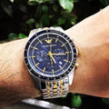  Shop Authentic Emporio Armani Tazio Chronograph Blue Dial Two Tone Stainless Steel Watch For Men - AR6088 - Luxxuri