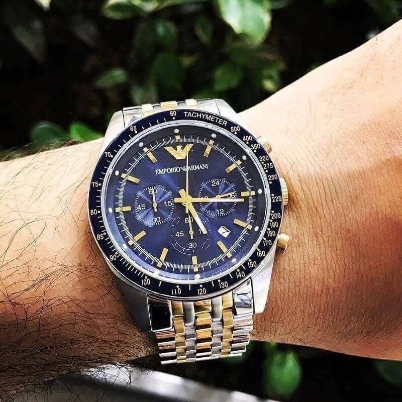  Shop Authentic Emporio Armani Tazio Chronograph Blue Dial Two Tone Stainless Steel Watch For Men - AR6088 - Luxxuri