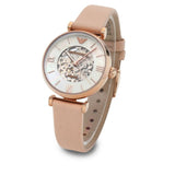  Shop Authentic Emporio Armani Meccanico Silver Skeleton Dial Beige Leather Strap Watch For Women - AR60001 - Luxxuri