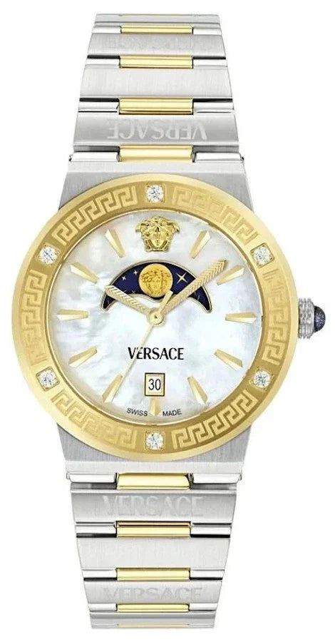 Versace Greca Logo Moonphase Mother of Pearl Dial Two Tone Steel Strap Watch for Women - VE7G00524
