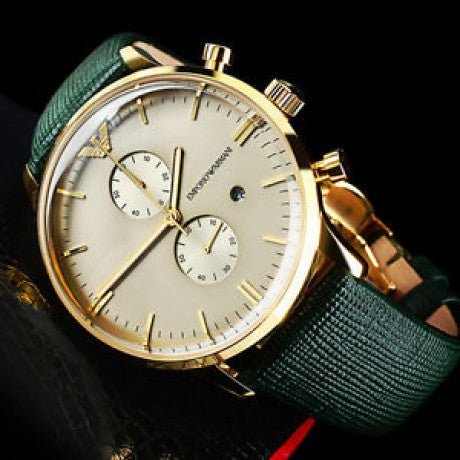  Shop Authentic Emporio Armani Chronograph Champagne Dial Green Leather Strap Watch For Men - AR1722 - Luxxuri