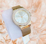  Shop Authentic Michael Kors Lennox Three-Hand Gold Dial Gold Mesh Bracelet Watch For Women - MK7335 - Luxxuri