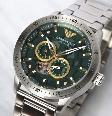  Shop Authentic Emporio Armani Meccanico Chronograph Automatic Green Dial Silver Steel Strap Watch For Men - AR60053 - Luxxuri