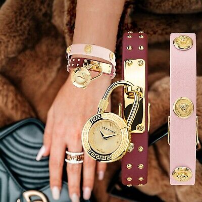  Shop Authentic Versace Medusa Lock Icon Gold Dial Red Leather Strap Watch for Women - VEDW00319 - Luxxuri