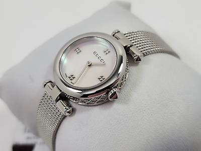  Shop Authentic Gucci Diamantissima Quartz Diamonds Mother of Pearl Dial Silver Mesh Bracelet Watch for Women - YA141504 - Luxxuri