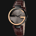  Shop Authentic Gucci Interlocking G 18K Gold Black Dial Brown Leather Strap Watch For Women - YA133304 - Luxxuri