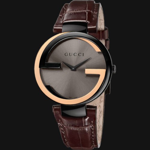  Shop Authentic Gucci Interlocking G 18K Gold Black Dial Brown Leather Strap Watch For Women - YA133304 - Luxxuri