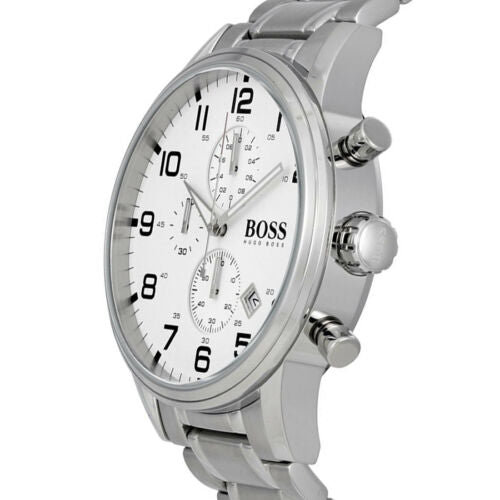 Shop Authentic Hugo Boss Aeroliner Chronograph White Dial Silver Steel Strap Watch for Men - 1513182 - Luxxuri