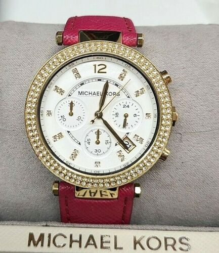  Shop Authentic Michael Kors Parker Chronograph White Dial Pink Leather Strap Watch for Women - MK2297 - Luxxuri
