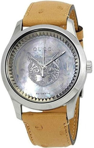  Shop Authentic Gucci G Timeless Automatic Mother of Pearl Dial Brown Leather Strap Watch For Women - YA1264112 - Luxxuri