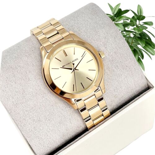  Shop Authentic Michael Kors Mini Runway Slim Gold Dial Gold Steel Strap Watch for Women - MK3512 - Luxxuri