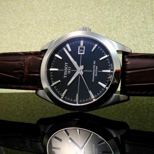 Tissot Gentleman Powermatic 80 Silicium Black Dial Brown Leather Strap Watch For Men - T127.407.16.051.01