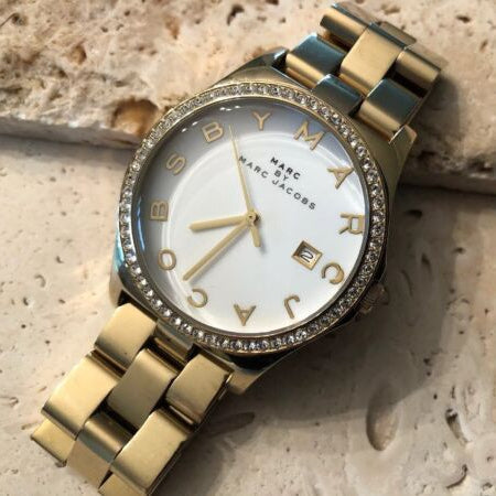 Marc Jacobs Henry Diamonds White Dial Gold Steel Strap Watch for Women - MBM3045