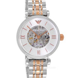  Shop Authentic Emporio Armani Gianni T Bar Silver Skeleton Dial Two Tone Strap Watch For Women - AR1992 - Luxxuri