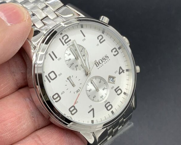  Shop Authentic Hugo Boss Aeroliner Chronograph White Dial Silver Steel Strap Watch For Men - 1512445 - Luxxuri