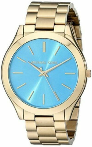  Shop Authentic Michael Kors Slim Runway Blue Dial Gold Steel Strap Watch for Women - MK3265 - Luxxuri