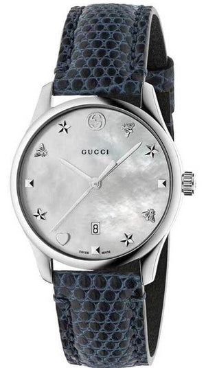  Shop Authentic Gucci G-Timeless Signature Mother of Pearl Silver Dial Blue Leather Strap Watch For Women - YA1264049 - Luxxuri