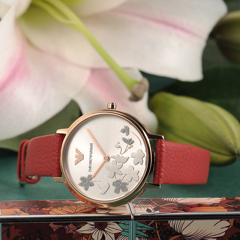  Shop Authentic Emporio Armani Kappa Classic Quartz Silver Dial Red Leather Strap Watch For Women - AR11114 - Luxxuri