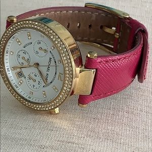  Shop Authentic Michael Kors Parker Chronograph White Dial Pink Leather Strap Watch for Women - MK2297 - Luxxuri
