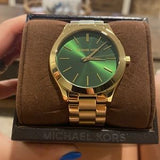  Shop Authentic Michael Kors Slim Runway Green Dial Gold Steel Strap Watch for Women - MK3435 - Luxxuri