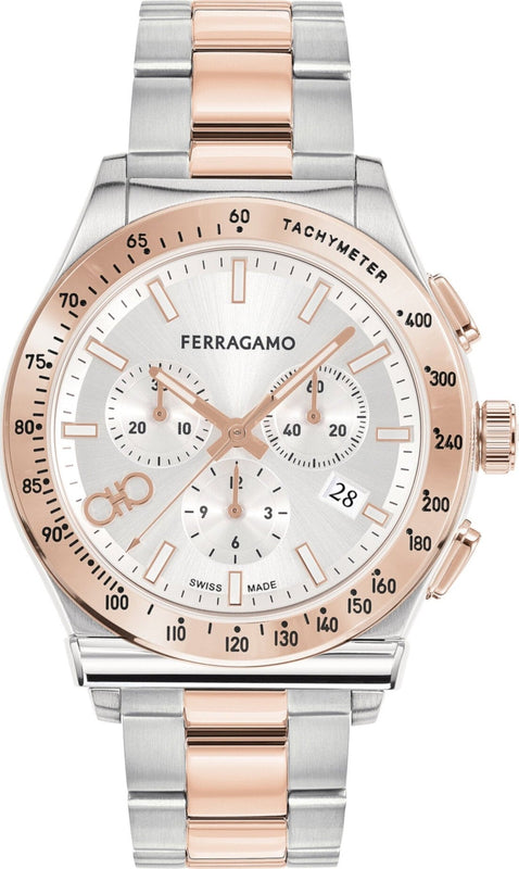  Shop Authentic Salvatore Ferragamo 1927 Chrono Silver Dial Two Tone Steel Strap Watch for Men -  SFKZ00623 - Luxxuri
