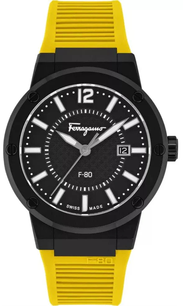 Salvatore Ferragamo F-80 Classic Black Dial Yellow Rubber Strap Watch for Men - SFHY01522