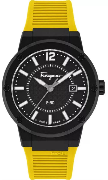  Shop Authentic Salvatore Ferragamo F-80 Classic Black Dial Yellow Rubber Strap Watch for Men - SFHY01522 - Luxxuri