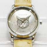  Shop Authentic Gucci G Timeless Automatic Mother of Pearl Dial Brown Leather Strap Watch For Women - YA1264112 - Luxxuri